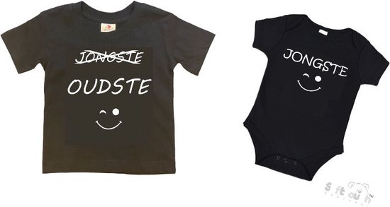 2-pack - T-shirt "Oudste"- Grote broer/zus T-shirt - (maat 122/128) & Soft Touch Romper "Jongste" Zwart/wit maat 56/62 set van 2