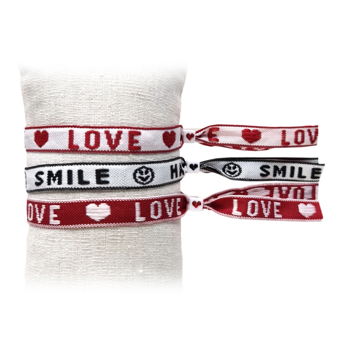 Principessa set van 3 trendy Festival lint armbandjes met tekstlint - Tekst: Love, Happy smile, Love - Kleur: Wit, Rood, Zwart