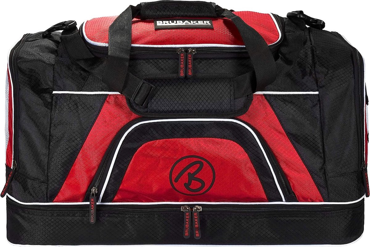 BRUBAKER 'Big Base' XXL Sporttas 90 L - Weekendtas - Voetbaltas - Gymtas - met groot vak voor natte spullen als bodemvak + schoenenvak - zwart/rood