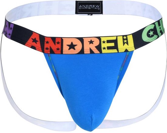Andrew Christian Almost Naked Pride Cotton Jock Blauw - MAAT S - Heren Ondergoed - Jockstrap voor Man - Mannen Jock