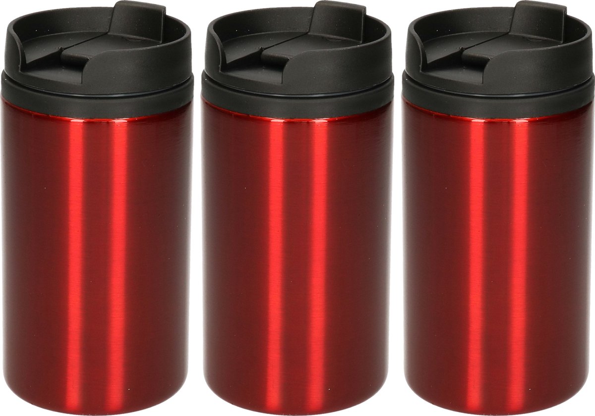 Reisbeker - 3x - 300 ml - rood - thermosbeker - 15 x 7 cm - warmhoud beker - RVS