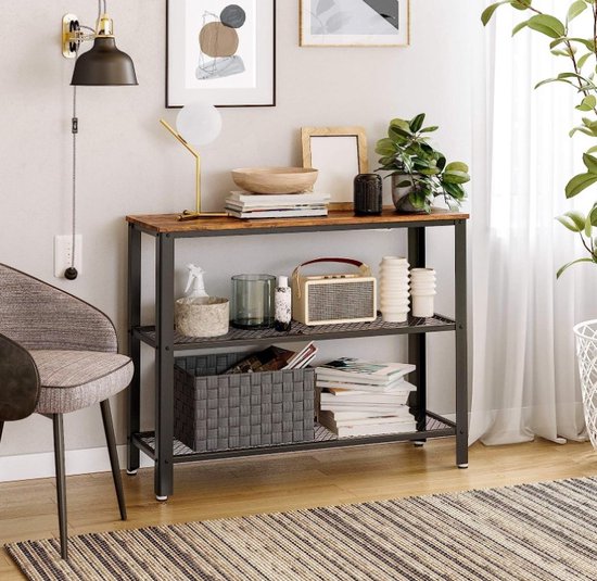 Industriële haltafel met houten blad, twee metalen planken en een grijze mand.