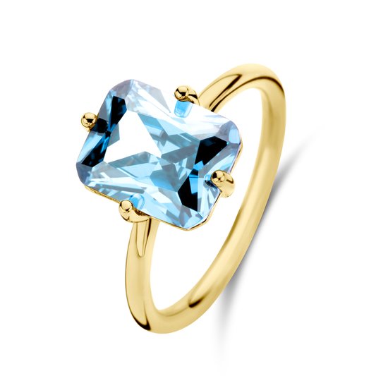 New Bling 9NB-0900-58 Zilveren Ring - Dames - Zirkonia - Rechthoek - 10 x 8 mm - Blauw - Maat 58 - 1,76 mm - Zilver - Gold Plated (Verguld/Goud op Zilver)