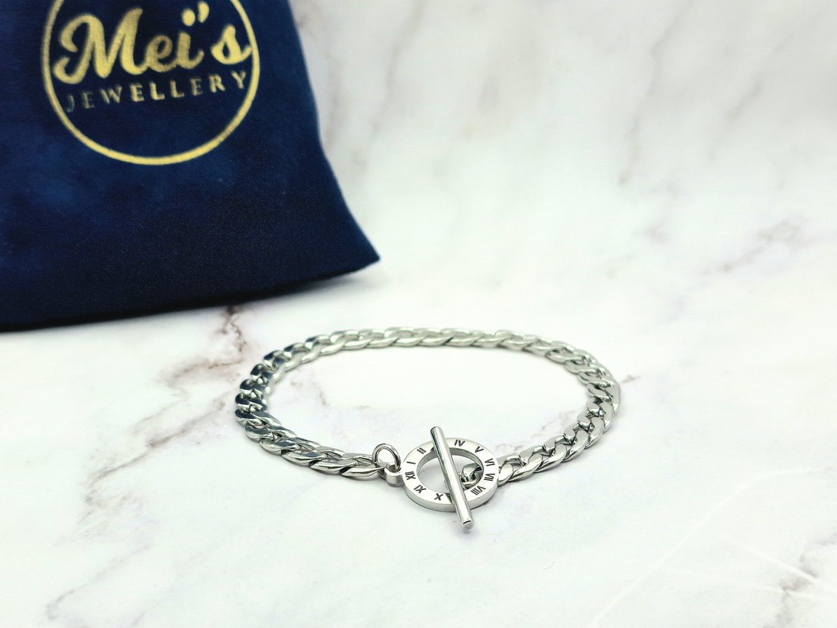 Mei's | Chained Timeless Chain | armband mannen / sieraad Romeinse cijfers | Stainless Steel / 316L roestvrij staal | polsmaat 17,5 cm / zilver