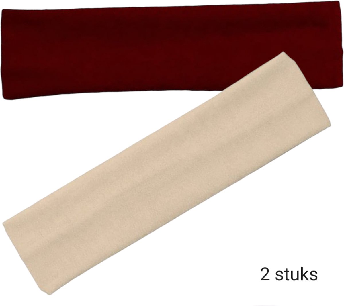 SPORT® - Haarband Hoofdband Basic - 6cm - 2 stuks - Beige / Zand en Donker Rood / Maroon + 4x extra haarelastieken (2x wit / 2x zwart) - Casual Sport Yoga - Stof Elastisch