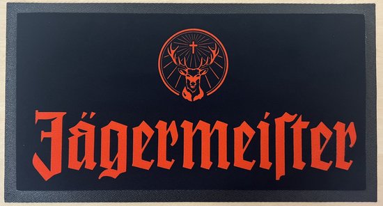 Zwart barmatje met Jägermeister logo in oranje. Het logo bestaat uit een hert met gewei en kruis en de tekst Jägermeister.