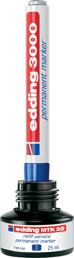 Een Edding 3000 permanente marker in een navulverpakking met blauwe inkt.