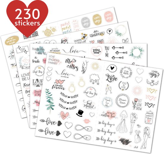 Bruiloft Fotoalbum Huwelijk / Trouwalbum Wedding Scrapbooking stickers – 4 vellen/230 transparante stickertjes – Liefde, hartjes, journal