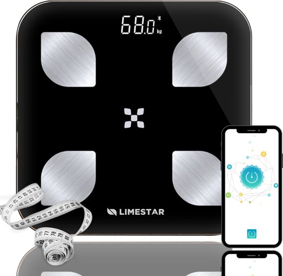 Limestar® Pasadena - Digitale Personenweegschaal met App en Lichaamsanalyse - Premium Smart Personenweegschaal met Meetlint - Zwart