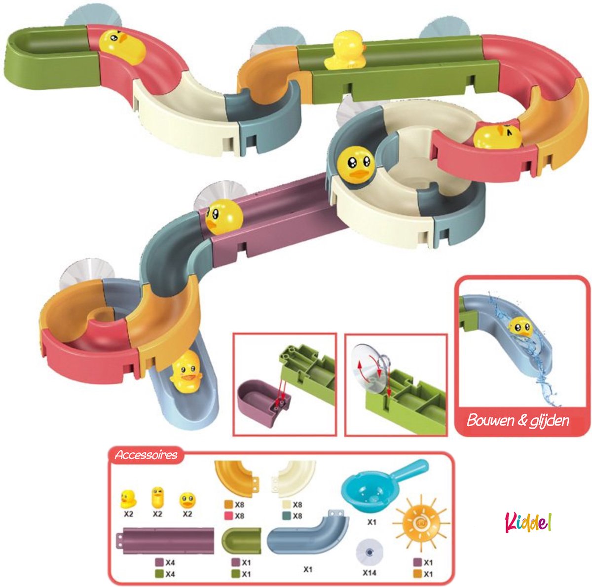 Kiddel XL Waterbaan & Glijbaan Badset – 66-delige DIY Waterbaan met Eendjes – Knikkerbaan Montessori Badspeelgoed voor Kinderen vanaf 3 Jaar — afbeelding 5