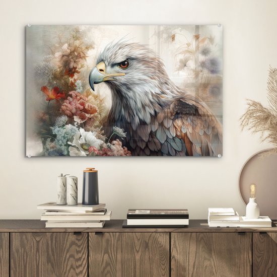MuchoWow® Glasschilderij 60x40 cm - Schilderij acrylglas - Arend - Adelaar - Vogel - Bloemen - Natuur - Foto op glas - Schilderijen