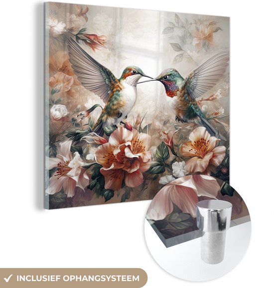 MuchoWow® Glasschilderij 50x50 cm - Schilderij acrylglas - Kolibrie - Vogels - Bloemen - Natuur - Foto op glas - Schilderijen