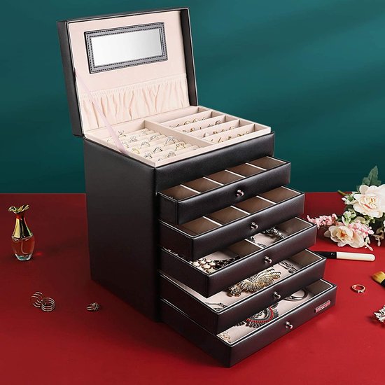 Grafietzwarte Sieradendoos Met Gouden Details – 5-Laags