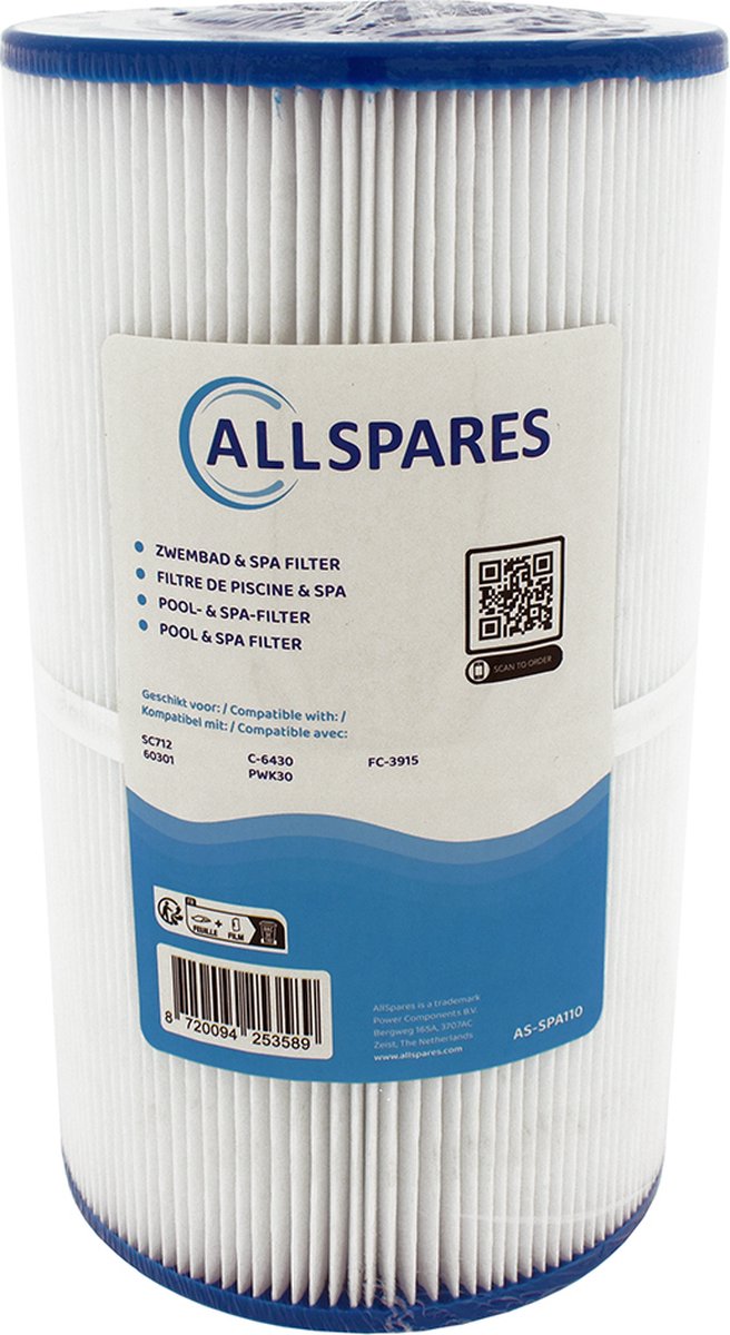 AllSpares Waterfilter voor Spa/Zwembad geschikt voor SC712 / 60301 / C-6430 (Ø150x270mm)