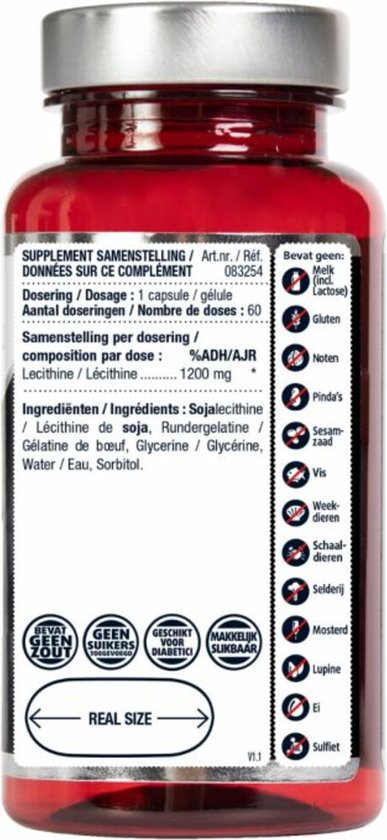 Achterkant rode pot Lucovitaal met ingrediënten, allergenen en dosering informatie.