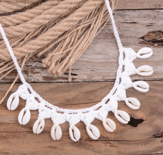 Macrame Boho Shell 3-in 1 Ketting - Wit | Ibiza Style | 65 cm | Fashion Favorite