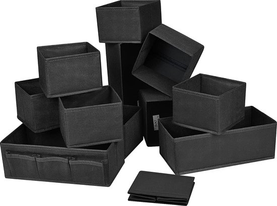 DIMJ Pack of 12 Storage Boxes, Drawer Organiser for Socks, Underwear, Foldable Fabric Storage Boxes for Cupboard, Tables, Drawers Organiser System (Black)