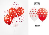 32x Ballonnen hartjes rood/wit 30cm - Huwelijk liefde love thema feest festival hart
