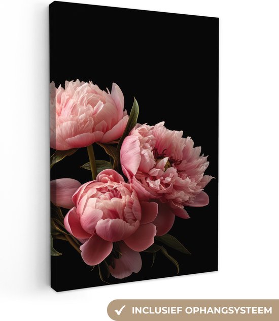Canvas schilderij 40x60 cm - Wanddecoratie Bloemen - Pioenroos - Roze - Botanisch - Natuur - Muurdecoratie woonkamer - Slaapkamer decoratie - Kamer accessoires - Schilderijen op canvas
