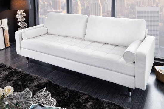 Canapé Design Teddy tissu blanc 3 places assise 220 cm pocketvering pieds  noirs | bol