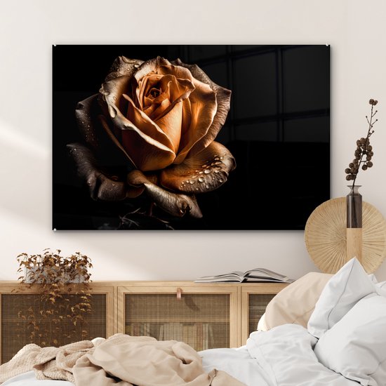 MuchoWow® Peinture sur verre - Rose - Or - Fleurs - Botanique Zwart - 90x60 cm - Peintures sur verre acrylique - Photo sur Glas