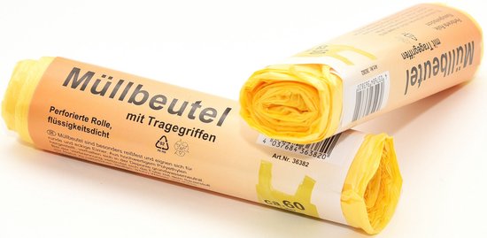 Twee rollen gele vuilniszakken met draaggrepen. De verpakking vermeldt 'Müllbeutel mit Tragegriffen', 'flüssigkeitsdicht' en 'ca. 60'.