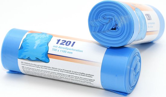 Blauwe vuilniszakken op rol, 120 liter, met afscheurperforatie. Met handvatten en een illustratie van een vuilniszak.