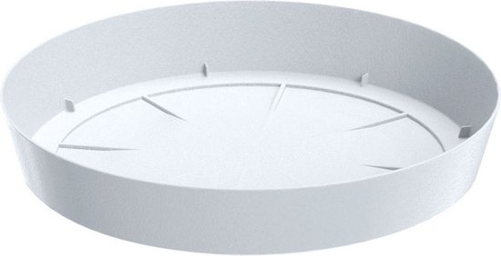 Une soucoupe de pot de fleurs ronde et blanche avec un bord surélevé et des nervures intérieures.