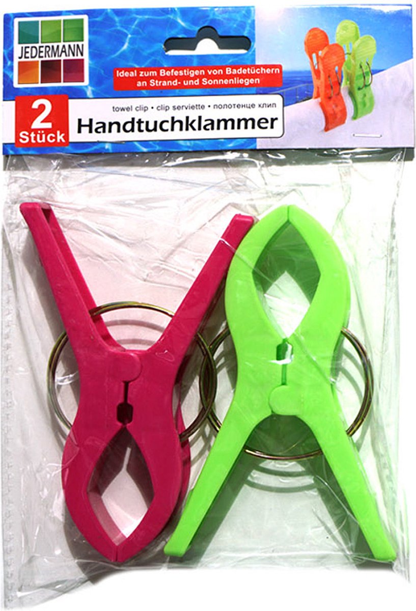 Goedkoopste Jedermann Handdoekknijpers XL - 2x - groen/roze - kunststof - 12 cm - wasknijpers