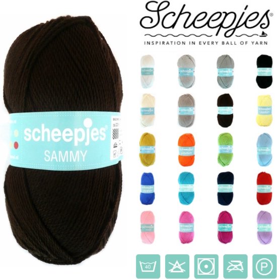 Une pelote de fil Scheepjes Sammy marron foncé avec une bande bleu clair. À droite, une grille d'échantillons de couleur.