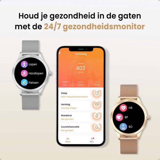 FITNOVA Luxe Smartwatch Dames - met Stappenteller, Saturatiemeter, Bloeddrukmeter & Hartslagmeter - Horloge geschikt voor iOS, Android & Harmony OS Toestellen - Goud