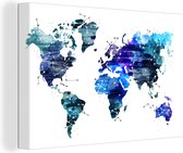 Canvas Wereldkaart - 90x60 - Wanddecoratie Wereldkaart - Blauw - Sterrenhemel - Kinderen - Jongens - Meisjes