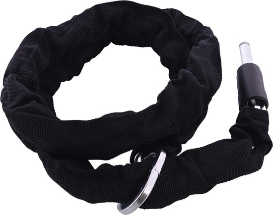 Zwarte, opgerolde fietketting van 140 cm met een metalen sluiting.