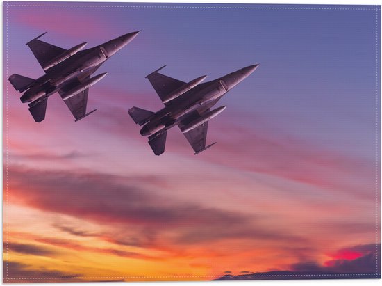 Vlag - Opstijgende Straaljagers in Multikleurige Lucht - 40x30 cm Foto op Polyester Vlag