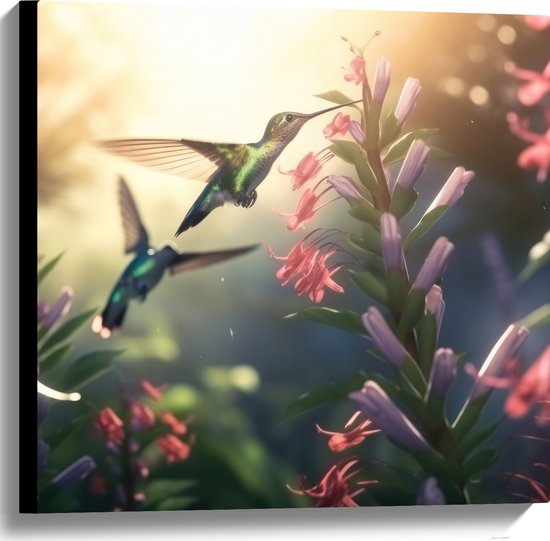 Canvas - Kolibries Vliegend bij Roze Plantgjes - 60x60 cm Foto op Canvas Schilderij (Wanddecoratie op Canvas)