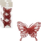 House of Seasons kerstboomversiering vlinders op clip - 12x st - rood - 10 cm
