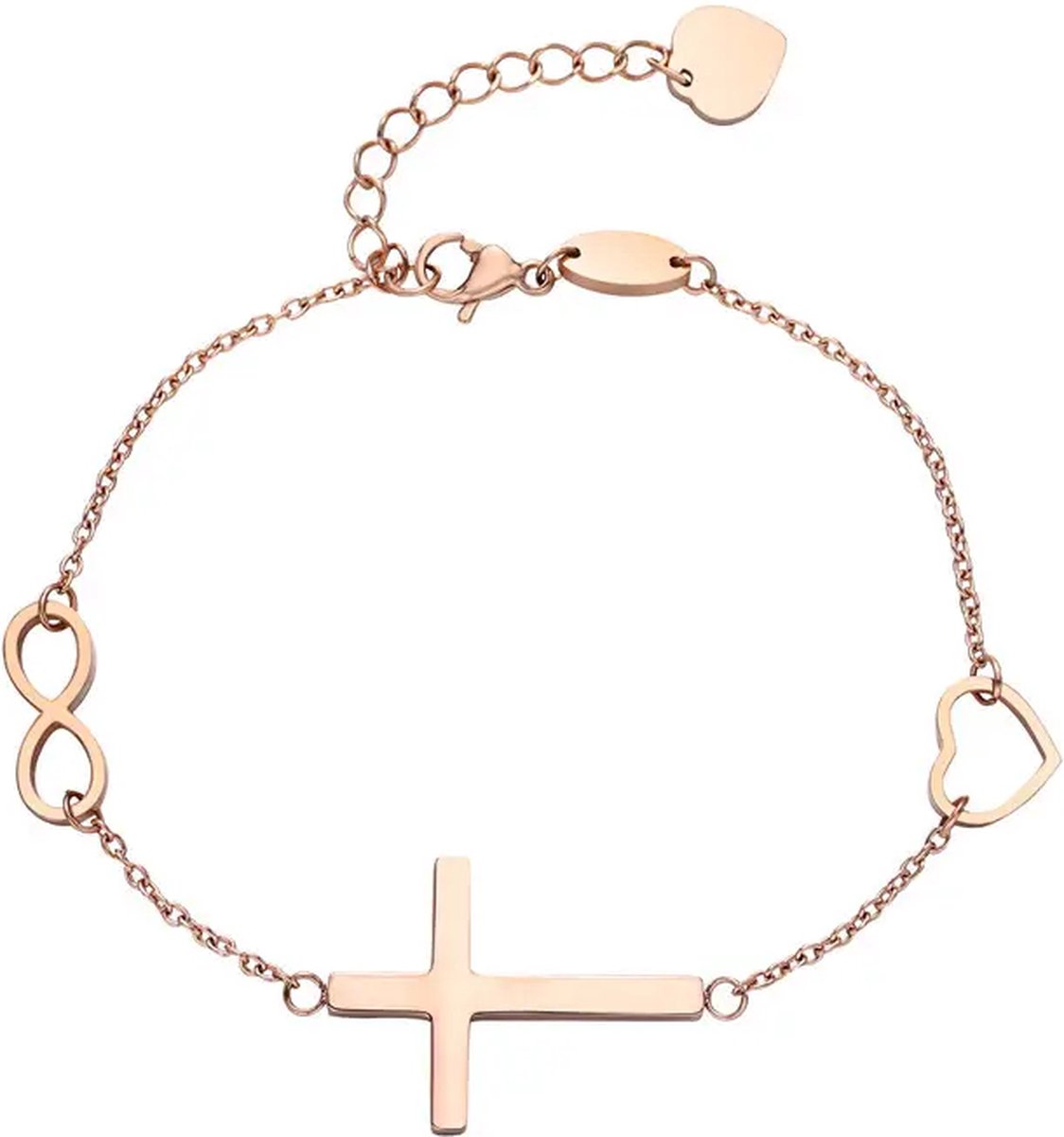 Christelijke rose goudkleurige armband met kruis, infinity en hart - christelijk sieraad - cadeau - Jezus - God - kado - geloof - vrouw - christuals