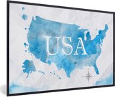 Fotolijst incl. Poster - Verenigde Staten - Wereldkaart - Waterverf - 30x20 cm - Posterlijst