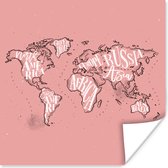 Poster Wereldkaart - Roze - Wit - Letters - 100x100 cm XXL