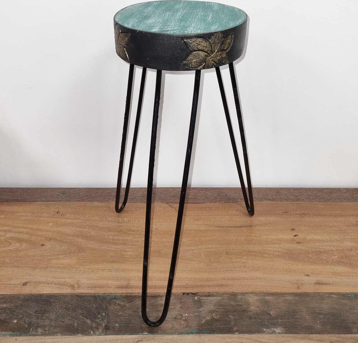 Ronde Plantentafel - Albasia Houten Plantenstandaard - Turquoise, Zwart & Gouden Details - 43x19x5cm - Plantenstandaard
