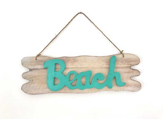 Houten tekstbord Beach -ibiza style- handgemaakt in Bali- tuindecoratie - turquoise tuindecoratie - 40 x 12 cm - tuindecoratie
