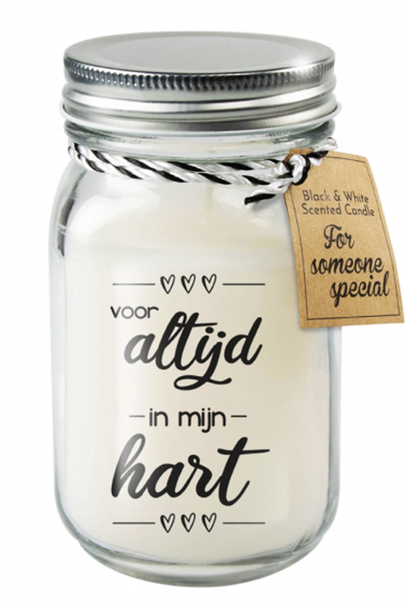 Snoepkado.com Kaars - Voor altijd in mijn hart - Lichte vanille geur - In glazen pot - In cadeauverpakking met gekleurd lint zwart op glas