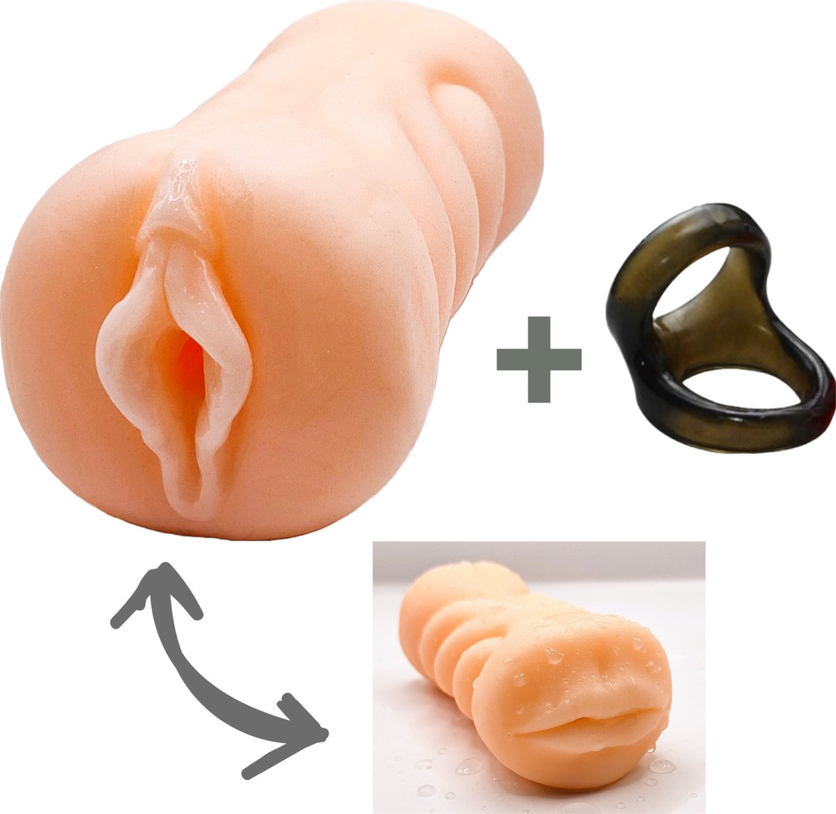Joypark - realistische siliconen 2-in-1 masturbator voor mannen - met vagina en mond - pocketpussy sextoy - kunstvagina - met gratis penisring