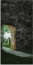 Poster Glanzend – Muur - Stenen - Gras - Doorgang - 50x100 cm Foto op Posterpapier met Glanzende Afwerking