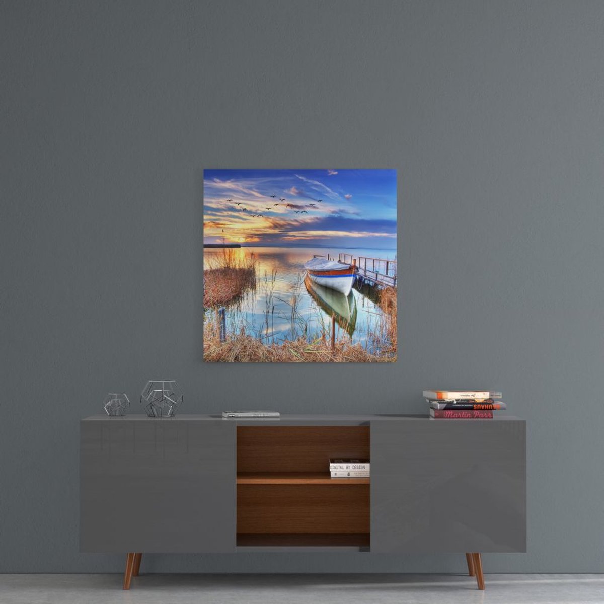 Glasschilderij Boot aan de Steiger – Zonsondergang aan het Water – Gehard Glas 4 mm