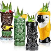Tiki Glazen voor Cocktails Tiki Mokken Set van 4 Keramische Tropische Bekers Hawaiiaanse Tiki Party Creatieve Cocktail Glazen Drankjes Grote Bar Drinkware Premium Tropische Exotische Leuke Barware 4 Packs