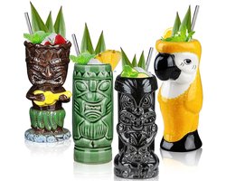 Tiki mokken set van 4 keramische tropische bekers voor cocktails en dranken