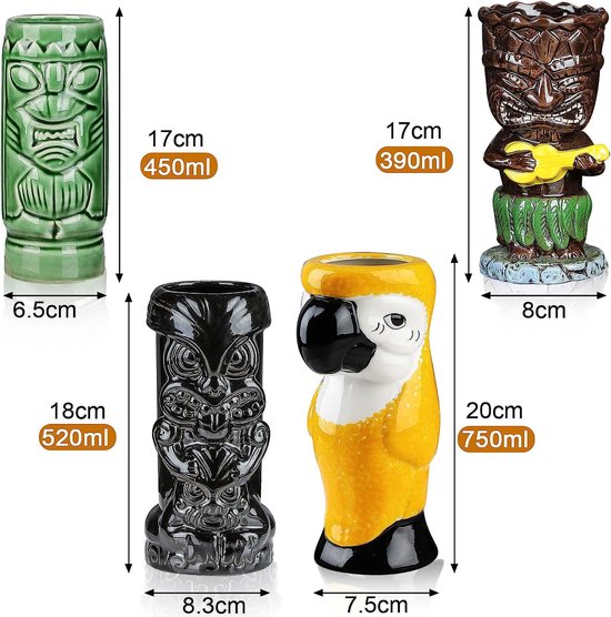 Set van 4 Tiki Tropical Cocktailglas, Tiki-beker, set van keramische