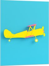 Acrylglas - Zijaanzicht van Felgeel Zweefvliegtuig met Roze Details tegen Blauwe Achtergrond - 75x100 cm Foto op Acrylglas (Met Ophangsysteem)