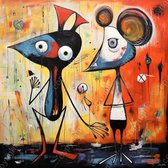 JJ-Art (Canvas) 100x100 | Muizen, man en vrouw, in modern surrealisme, kleurrijk, kunst | dier, abstract, Picasso stijl, blauw, rood, wit, vierkant, modern | Foto-Schilderij canvas print (wanddecoratie)